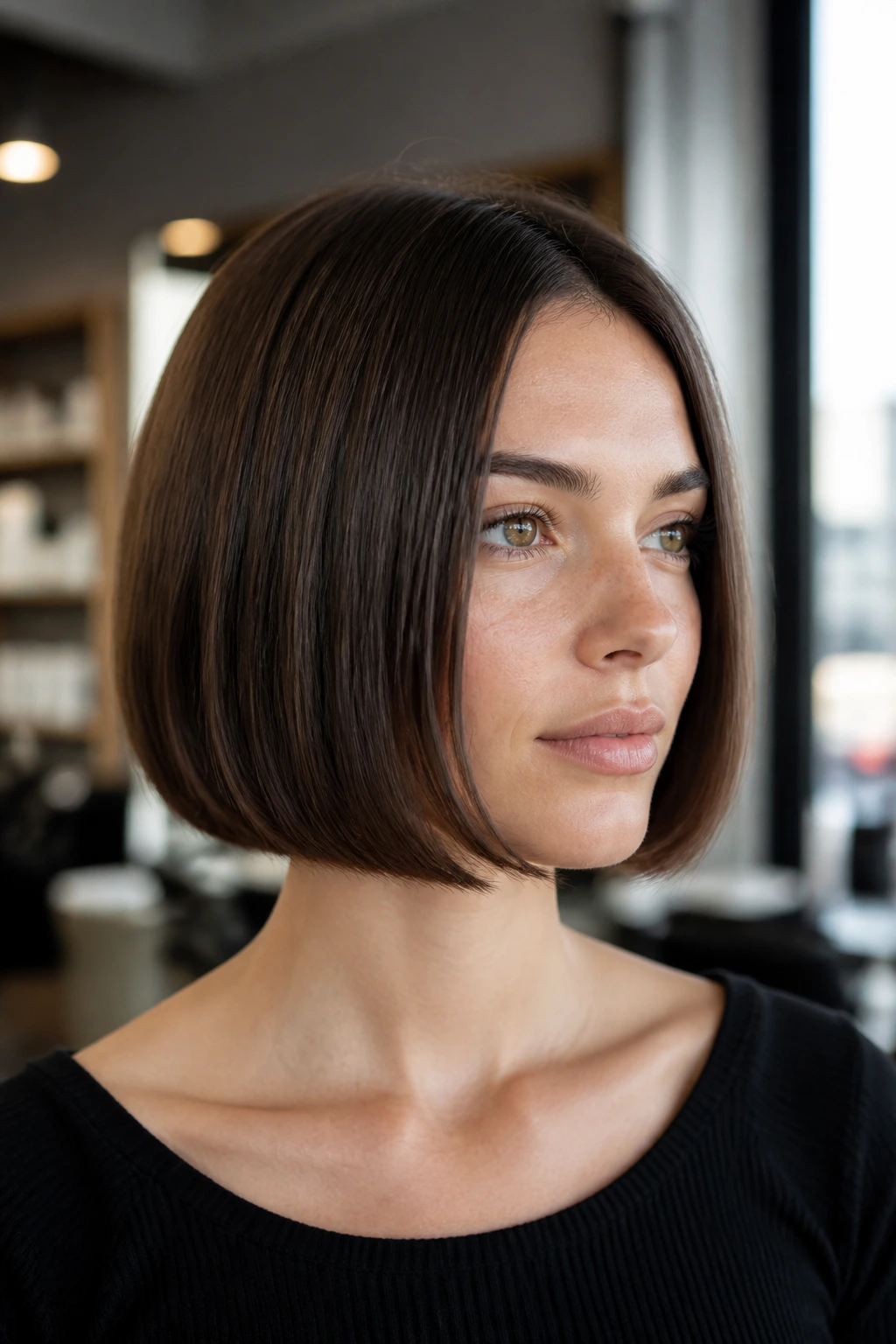 Portrait of a person showing a soft bend at the ends of a blunt bob