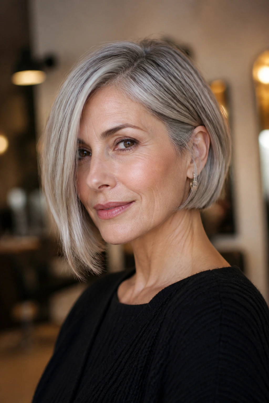 Portrait of a real woman with a side-parted soft bob