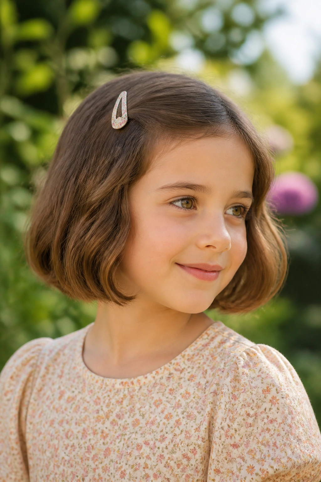 Child with versatile bob and clip-ready adaptation