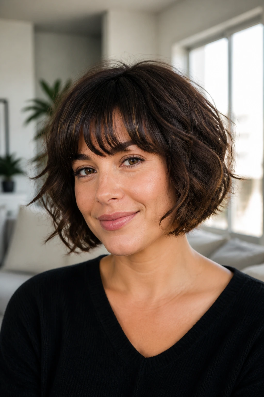Real woman with bob showing layer and fringe variations in bright room