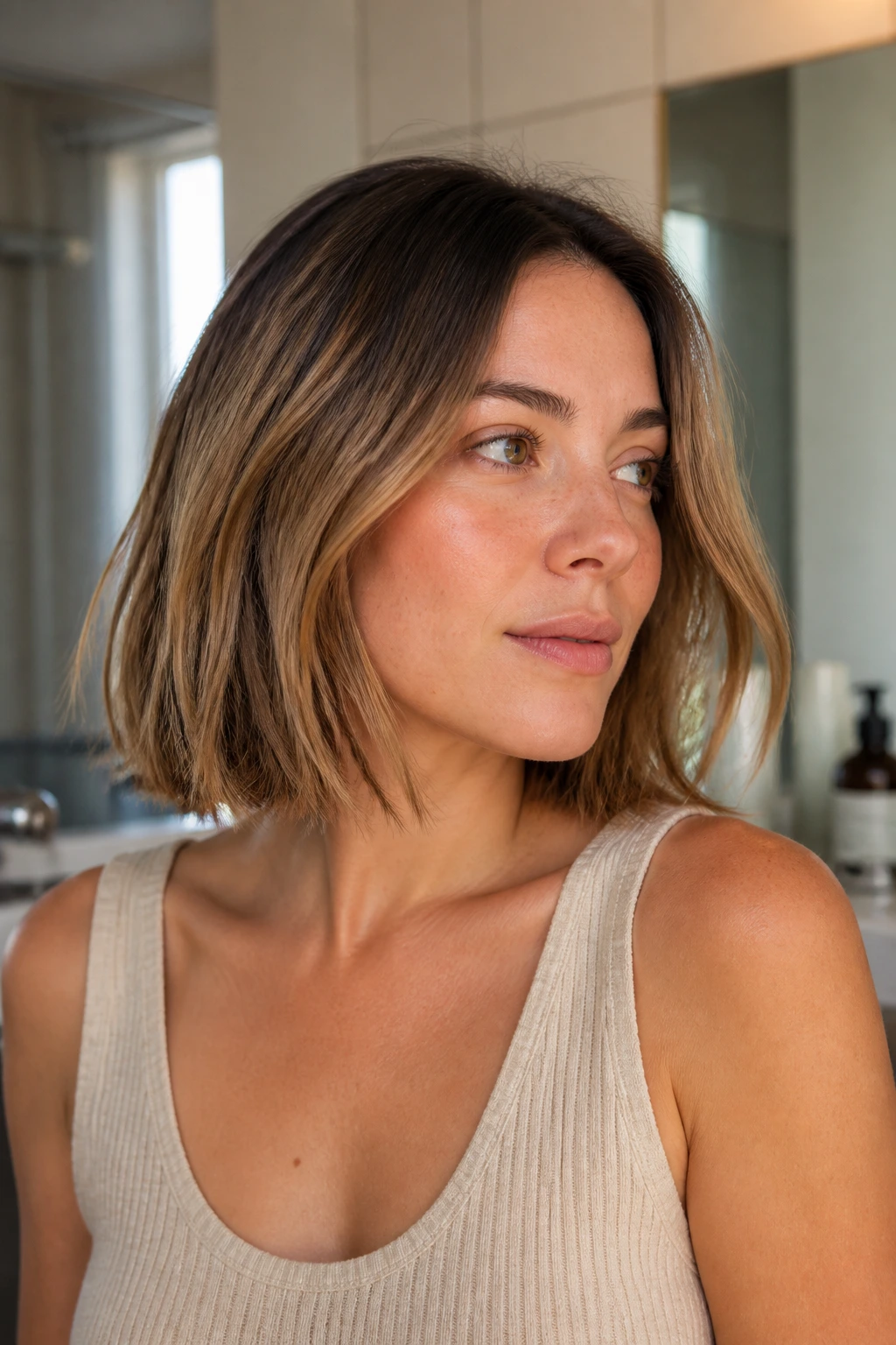 Close-up portrait of a real woman with a shoulder-length blunt bob in warm morning light.