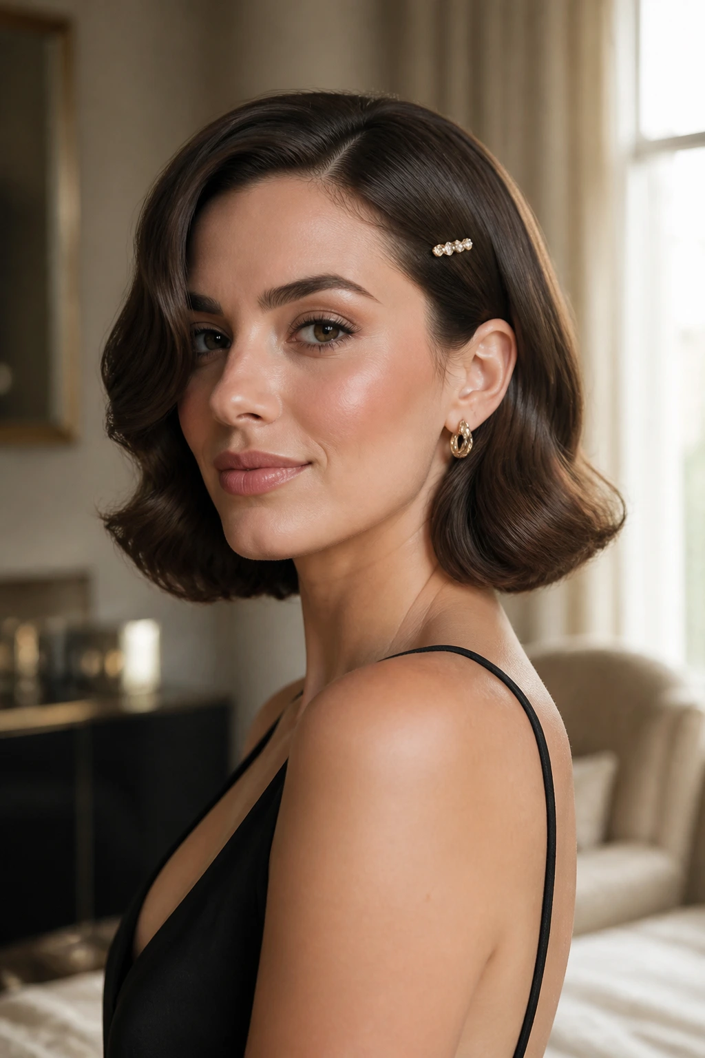 Portrait of a woman with a bob hairstyle featuring a decorative clip