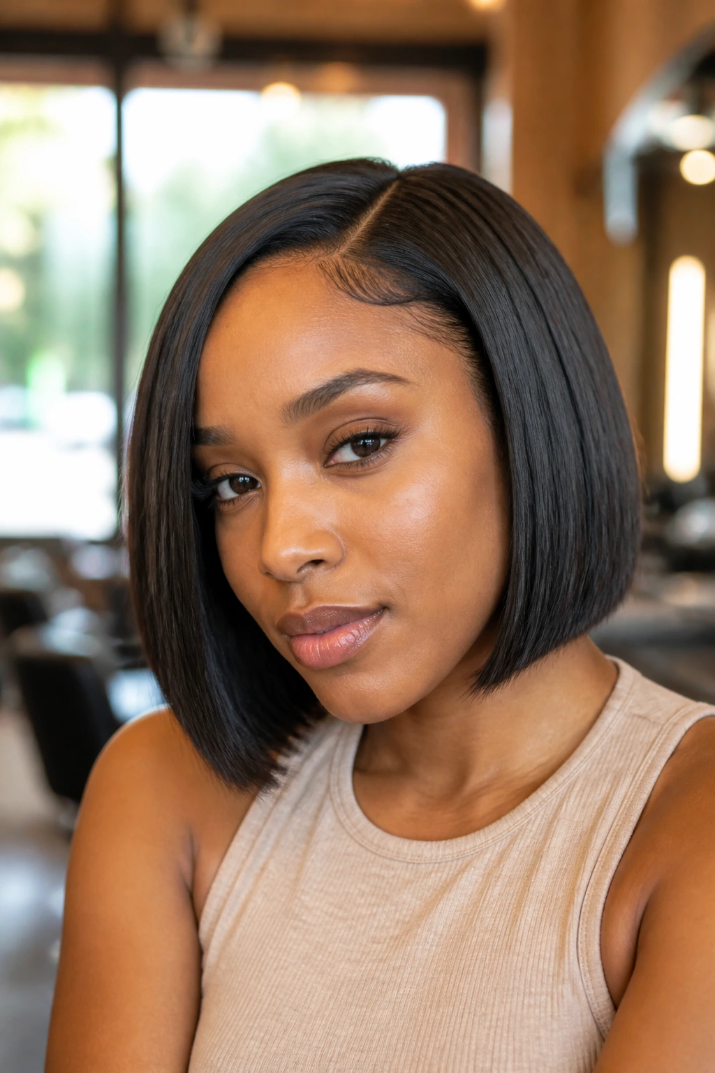 Close-up portrait of a real woman with a bob-length quick weave in a salon setting