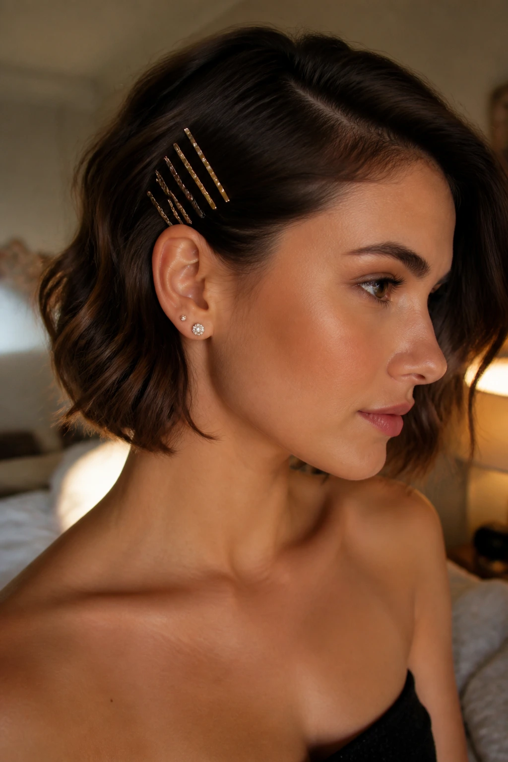 Close-up of a real woman with mismatched bobby pins arranged as art above the ear