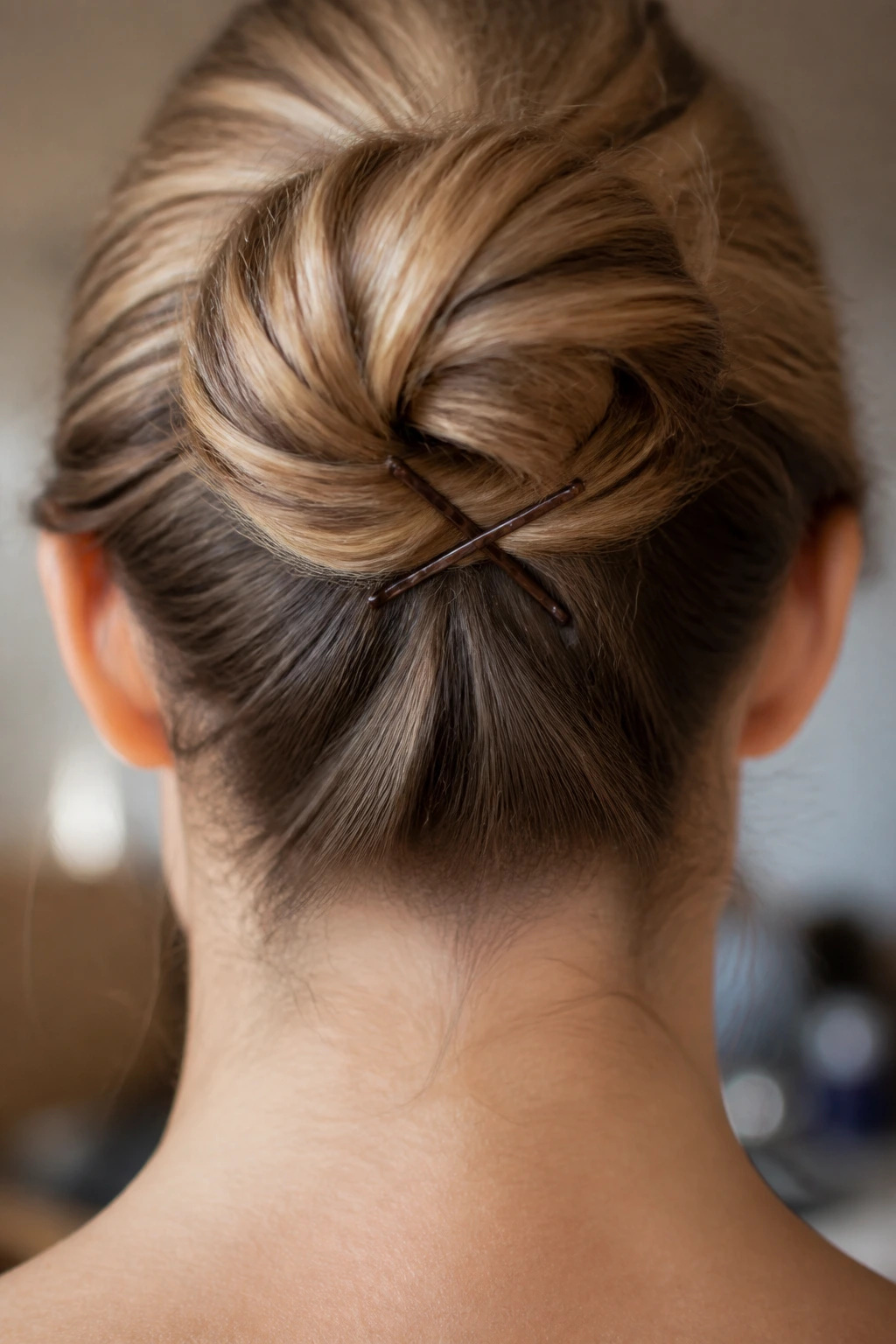 Back of a head with bun and crisscrossed bobby pins