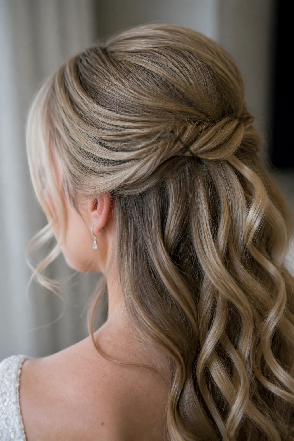 Close-up of a bride's hair with two bobby pins crossed in an X securing the half-up section.