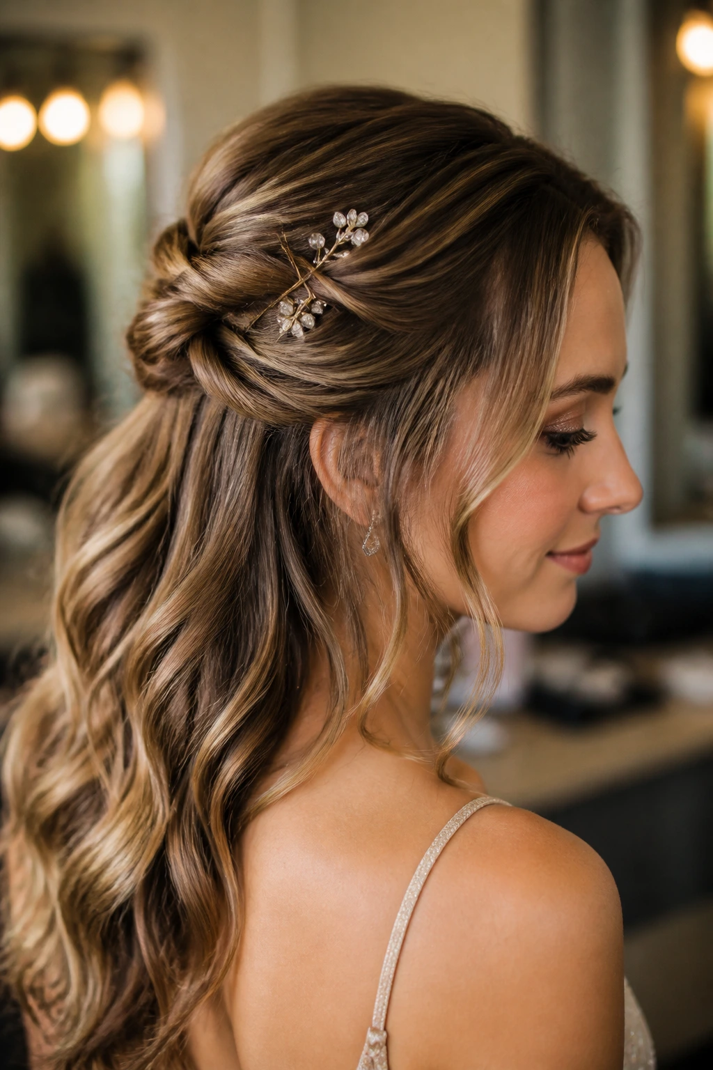 Close-up of a real woman's head showing pins securing a half-up hairstyle