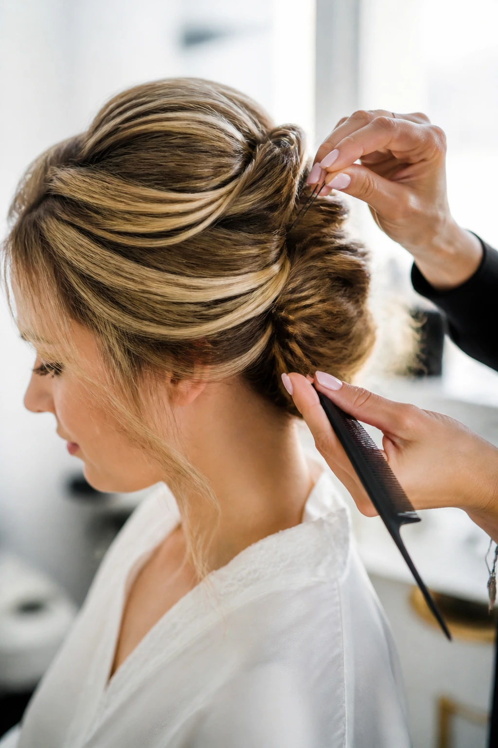 Real bride getting her hair styled with bobby pin and comb