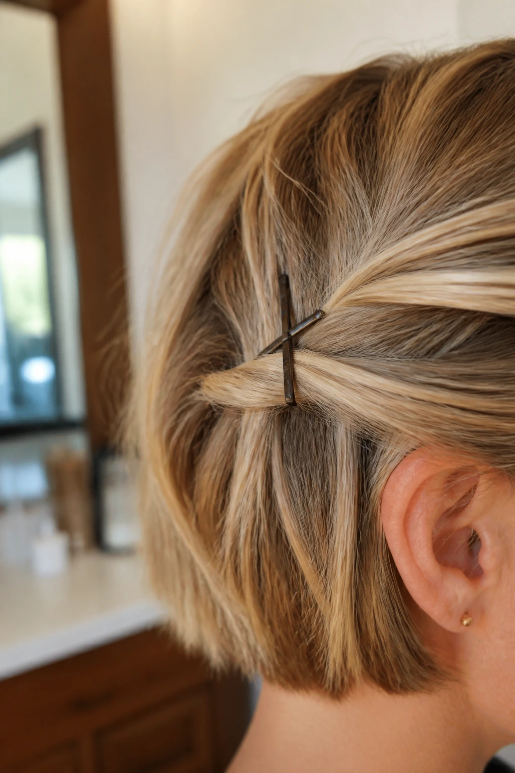 Close-up of matte bobby pins securing a small twist on short hair