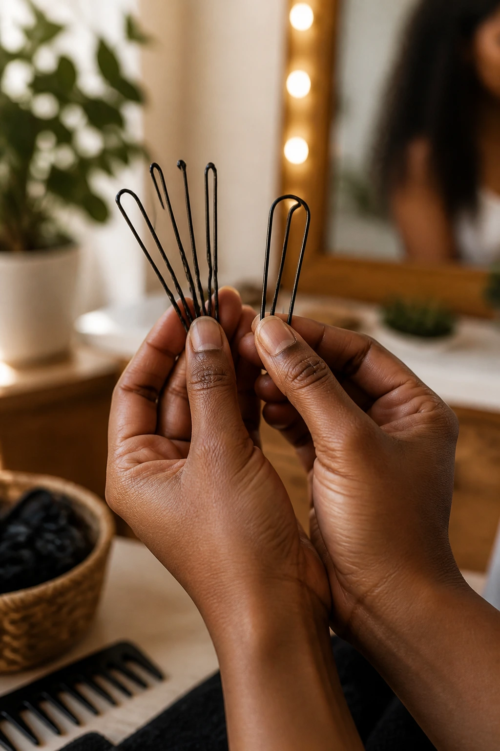 Close-up of hands holding long bobby pins and U-pins for curly updos