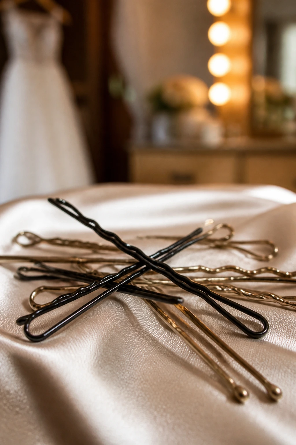 Macro close-up of bobby pins and U-pins used in bridal hair styling