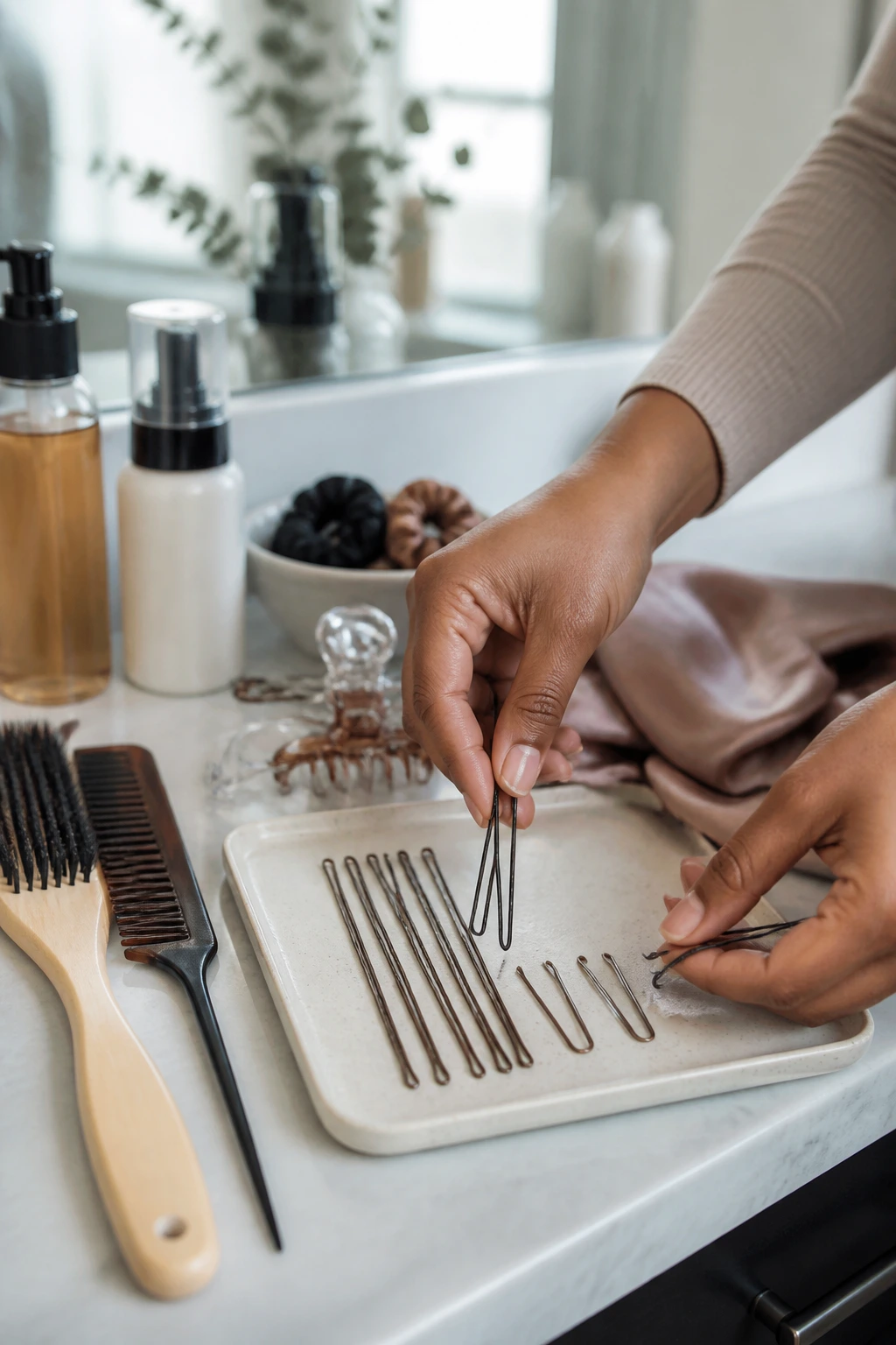Hands placing bobby pins and U-pins on a bathroom counter