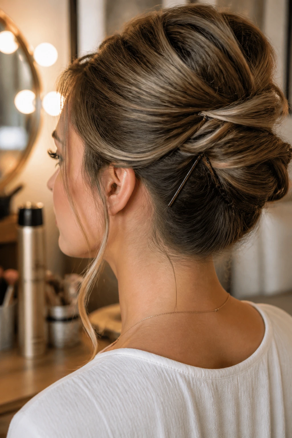 Close-up of real woman with an updo showing pins securing the hair