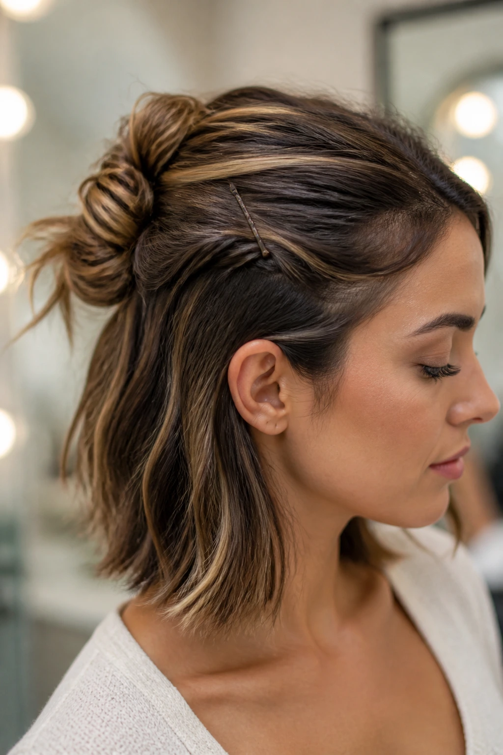 Close-up of a bobby pin securing a twist in a shoulder-length updo on a real woman.