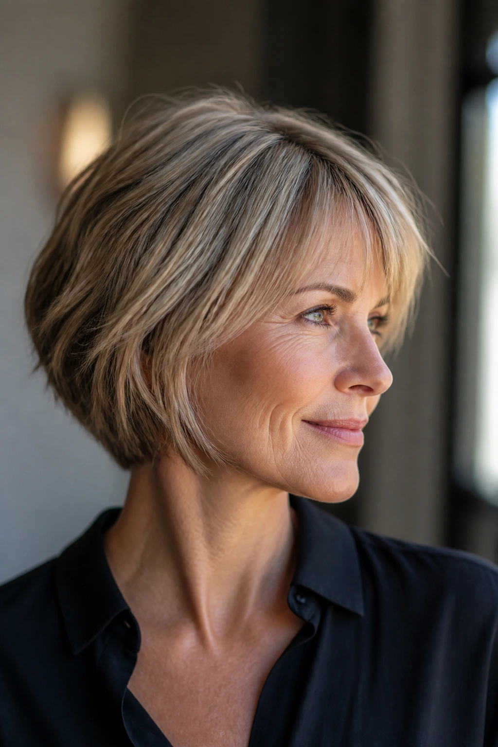 Close-up portrait of a real woman with a jawline-grazing choppy bob showing movement