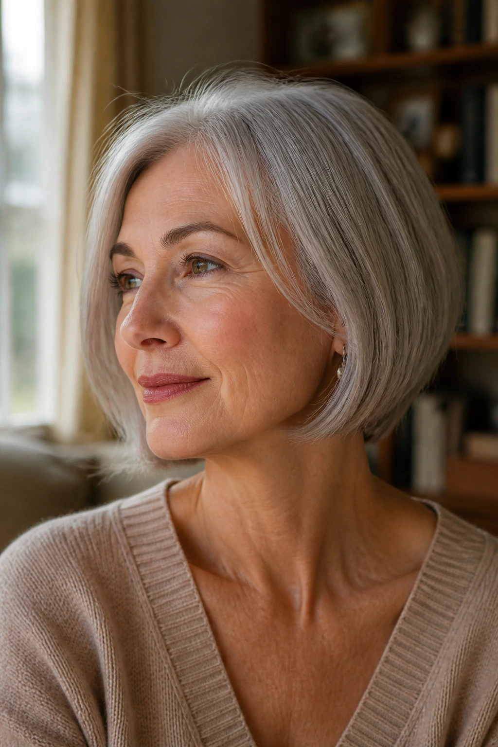 Close-up portrait of an older woman with a chin-length bob highlighting jawline in warm window light