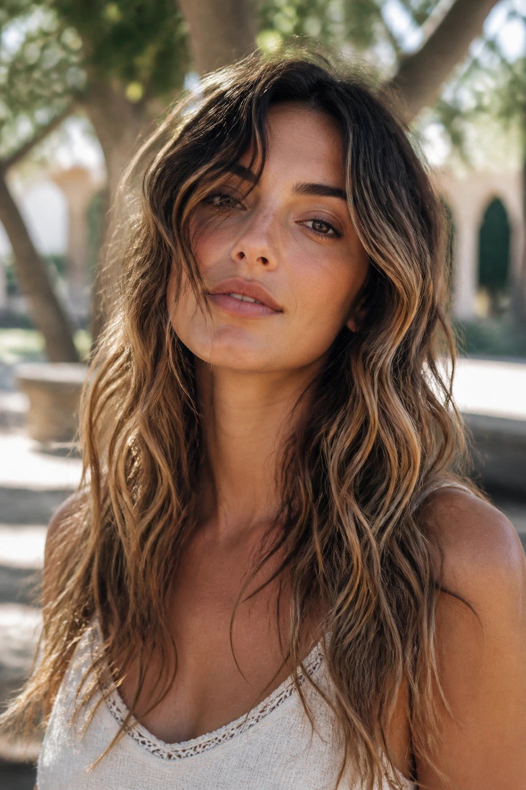 Close-up of a real woman with boho air-dry waves in sunny outdoor light