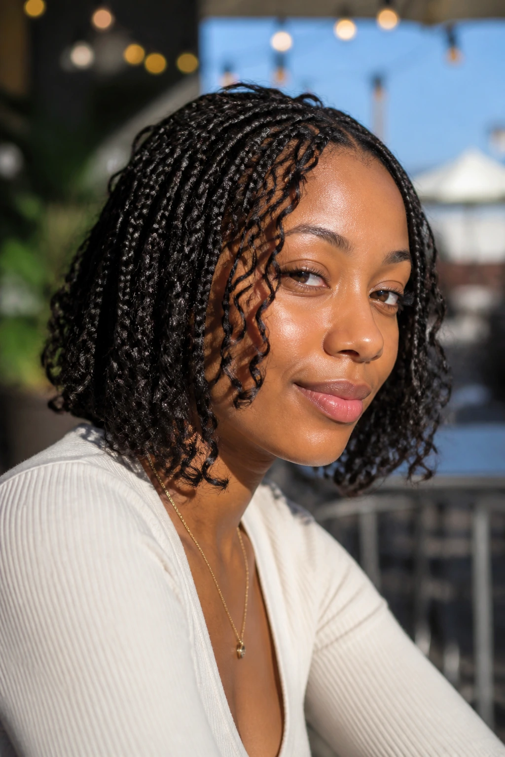 Boho bob box braids with loose curls framing the face on a real woman
