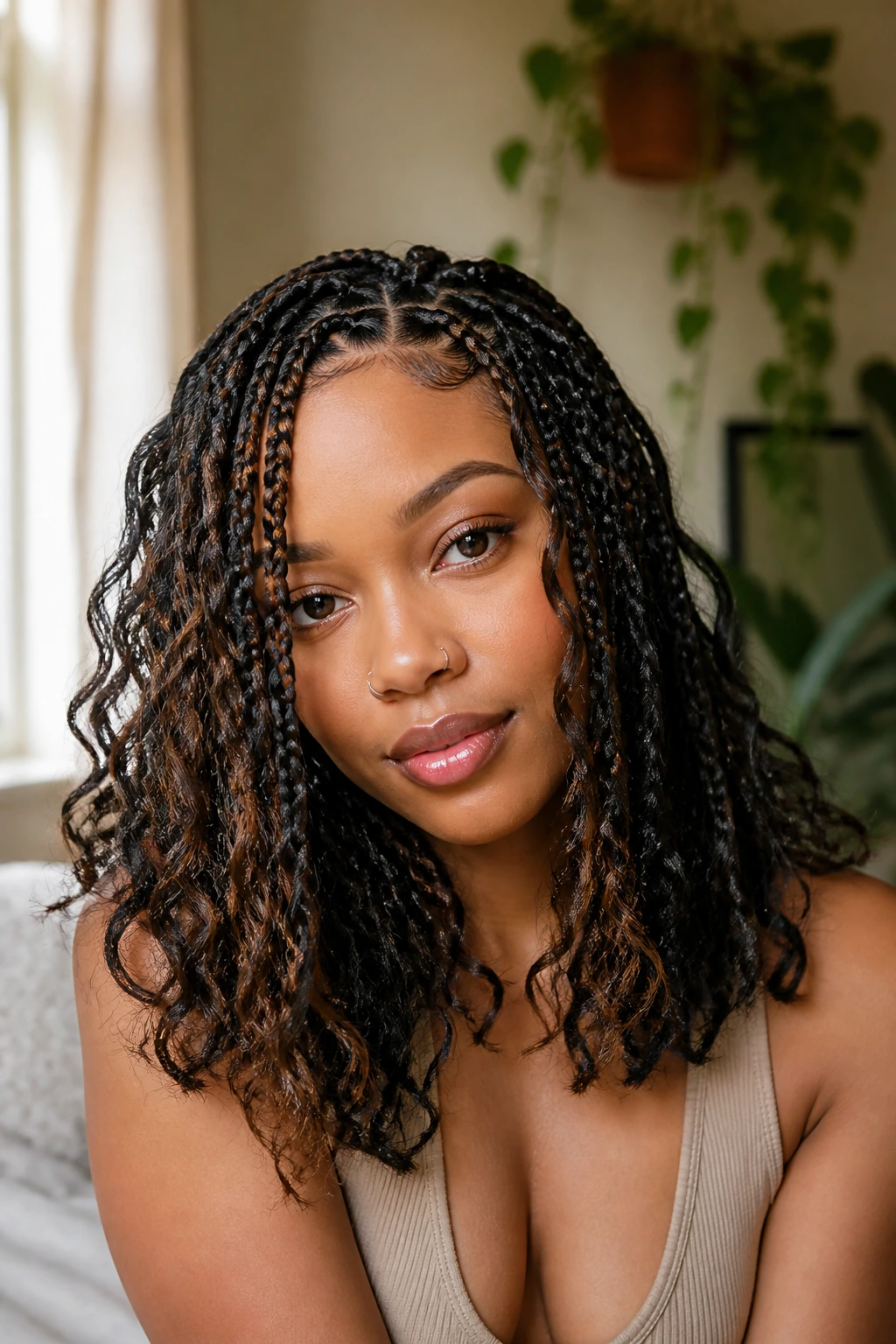 Close-up of real woman with box braids and loose curls around the face.