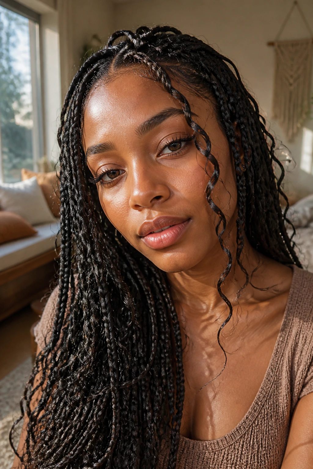 Close-up of boho box braids with soft curls on a real person
