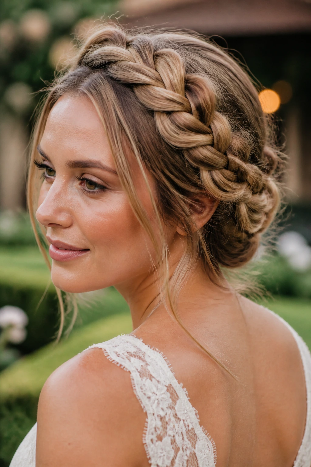 Bride wearing a boho braid crown with tucked ends