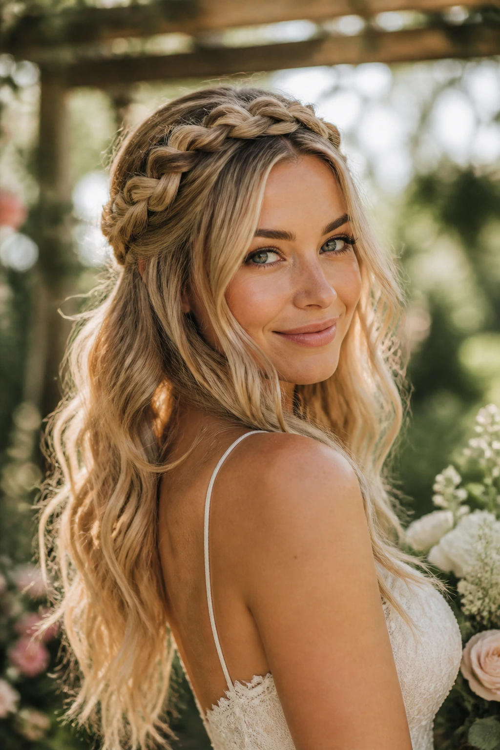 Bride with boho braid halo over beachy waves outdoors