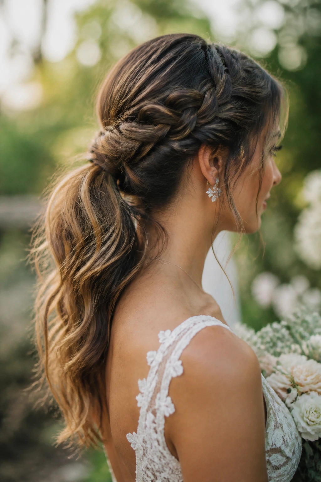 Portrait of a bride with a boho braided ponytail in a garden wedding