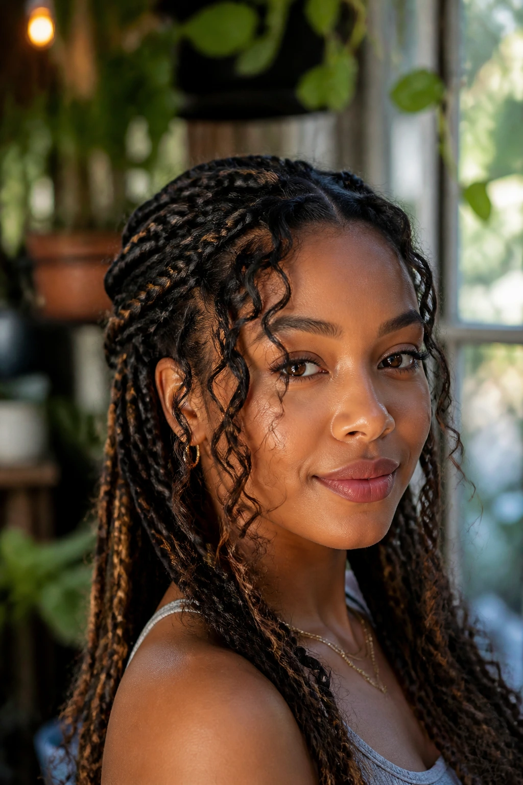 Close-up of a real woman with boho braids and curly tendrils around the face.