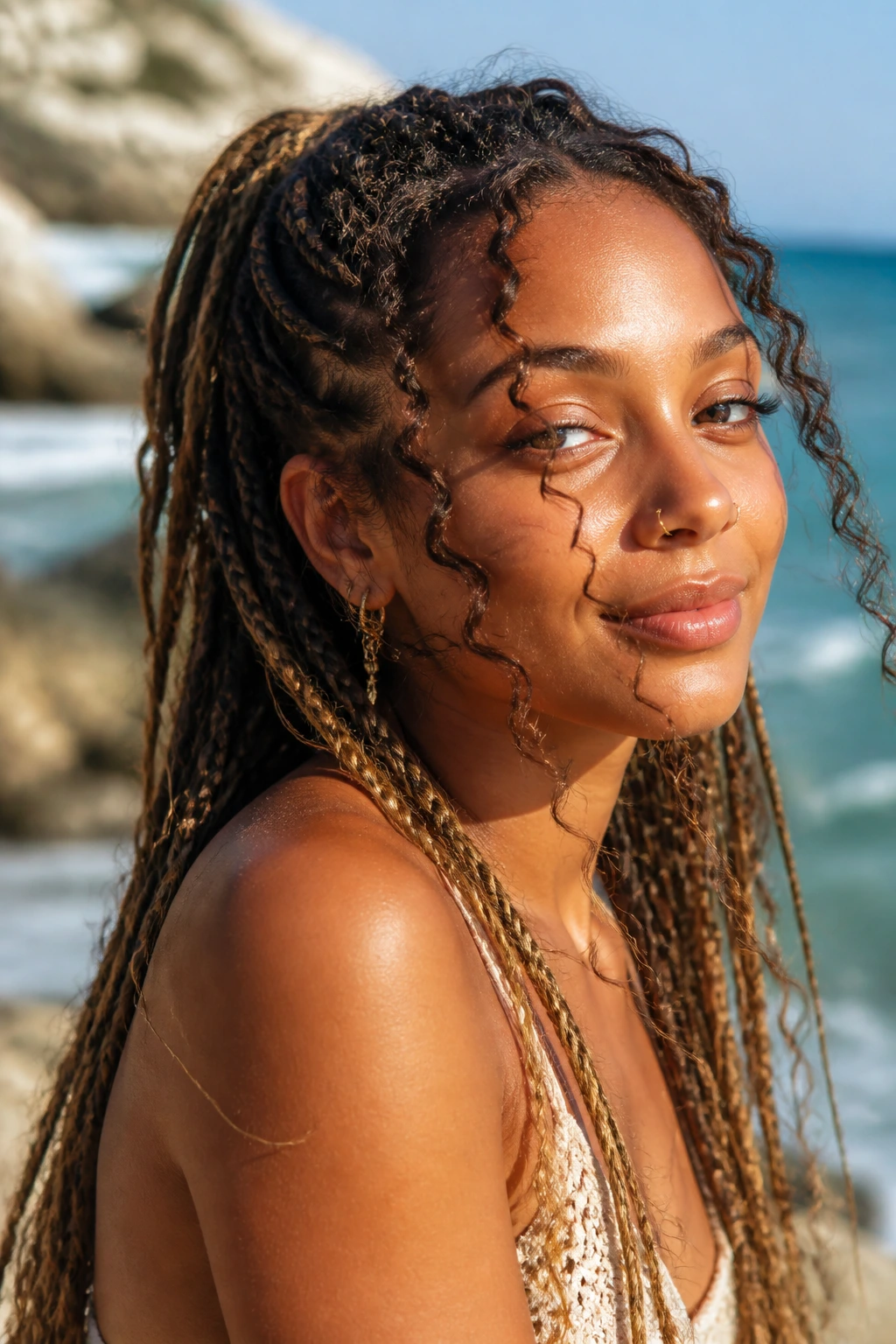 Close-up of boho braids with curly tendrils on a real woman outdoors