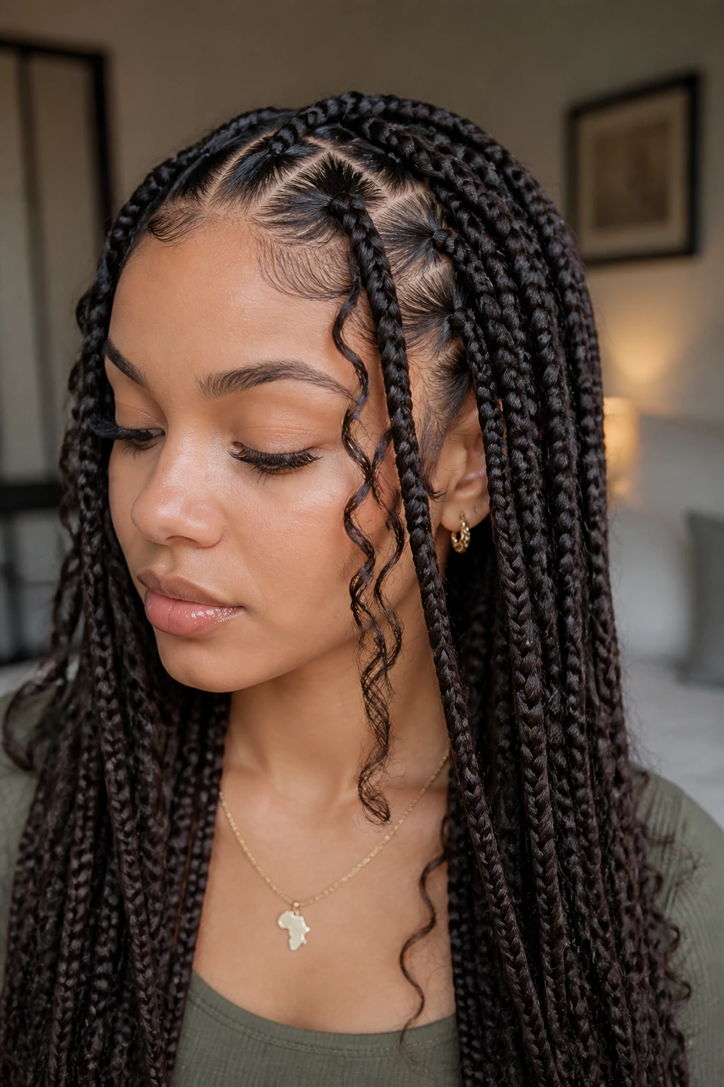 Real person with boho braids showing clean parting and loose curls near the face