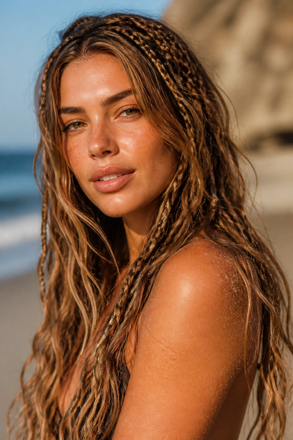 Close-up portrait of a real woman with boho braids and loose waves in golden hour beach light