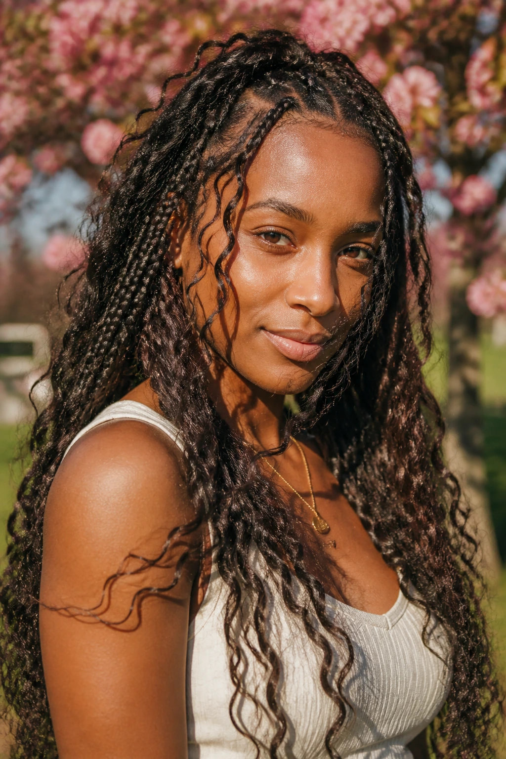 Close-up of boho braids with wispy curls in sunny park