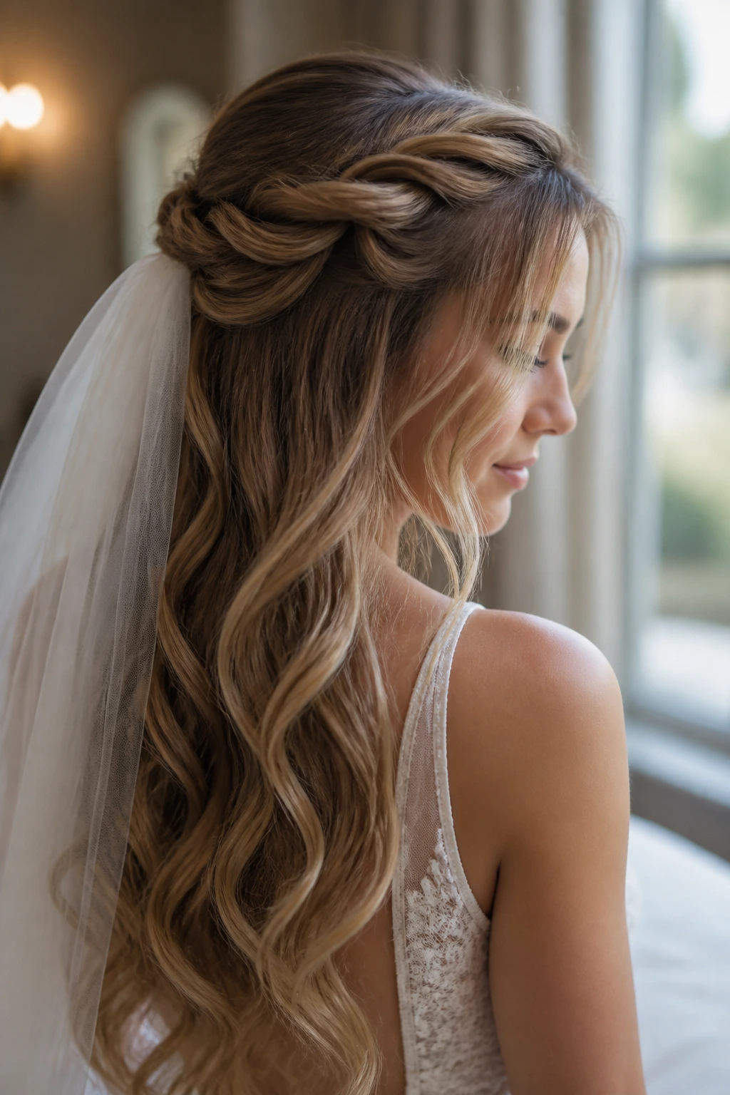 Bride with soft half-up waves and twisted crown