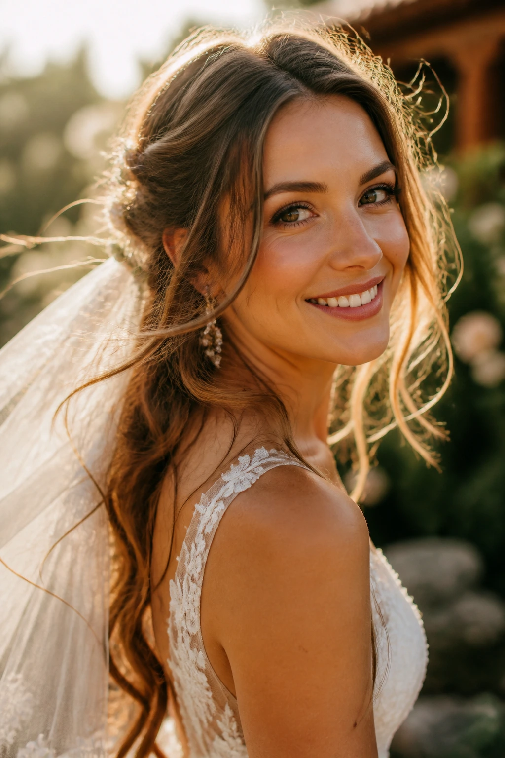 Close-up bride boho hairstyle with movement in outdoor wedding light