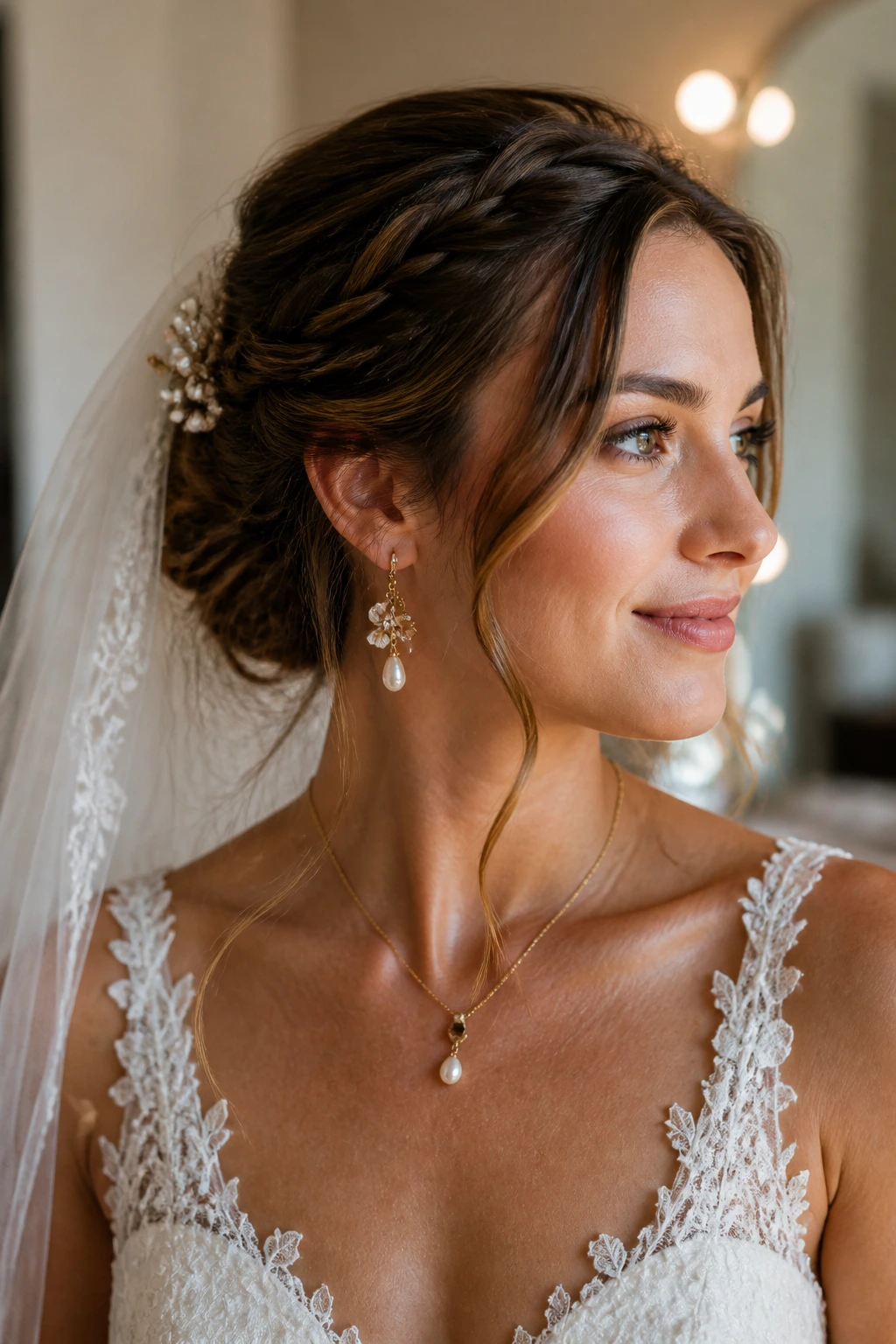 Bride with boho hairstyle, veil and earrings in a bridal room