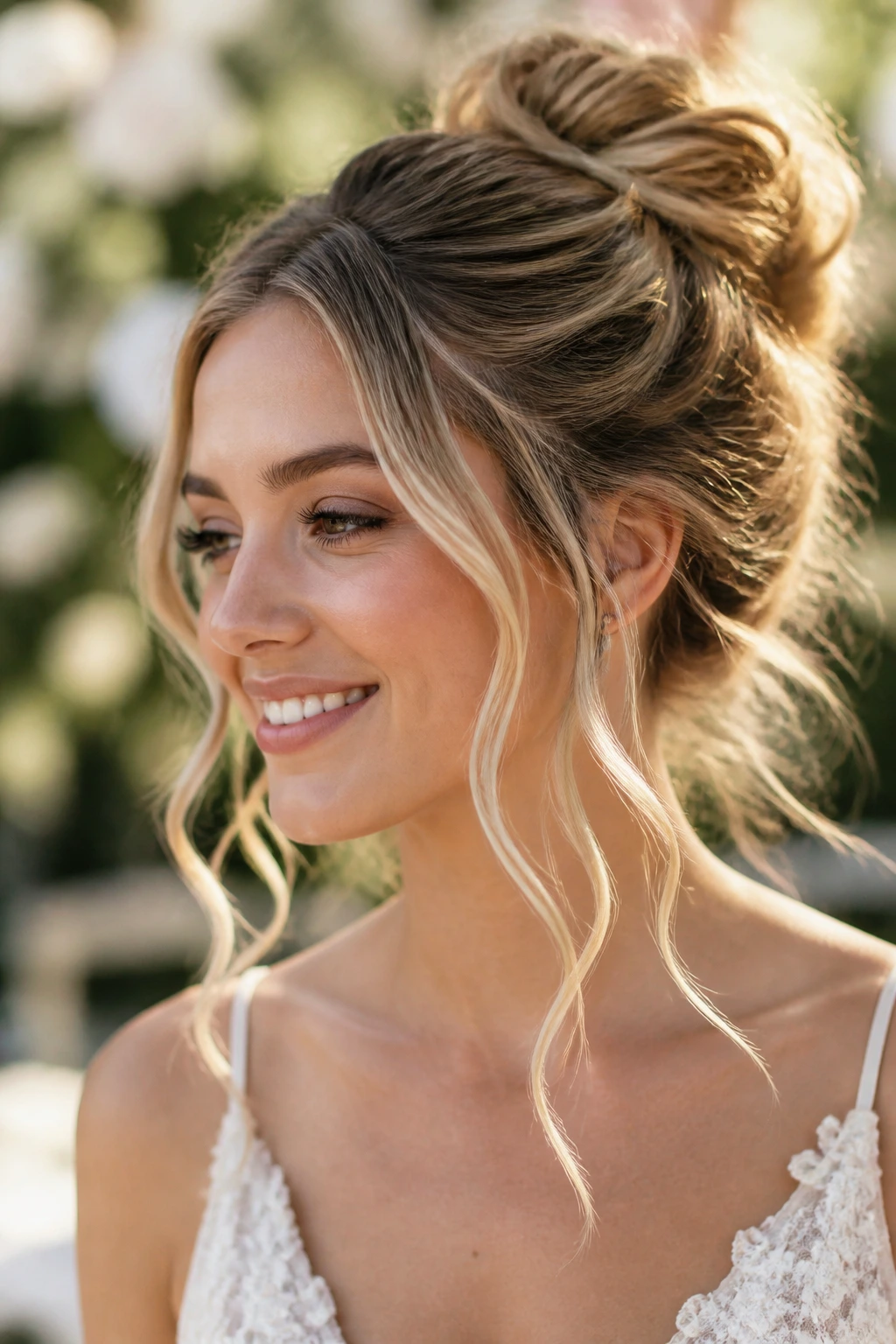 Close-up of a real bride with boho bun and wand-waved tendrils