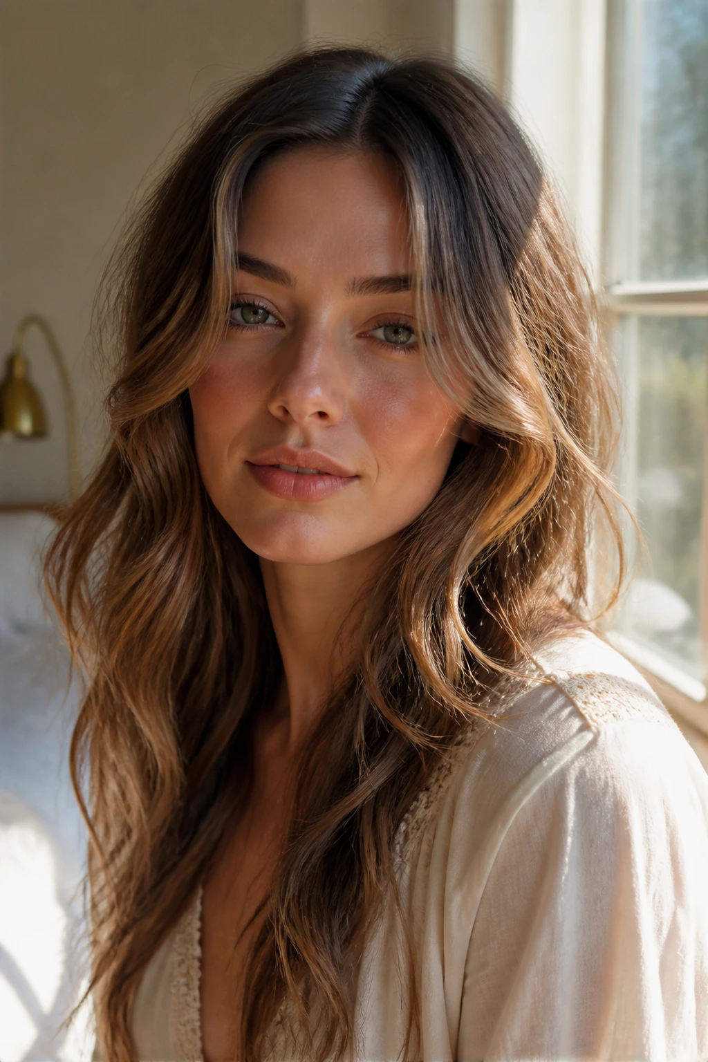 Close-up portrait of a real woman with a centered part and airy waves around the face.