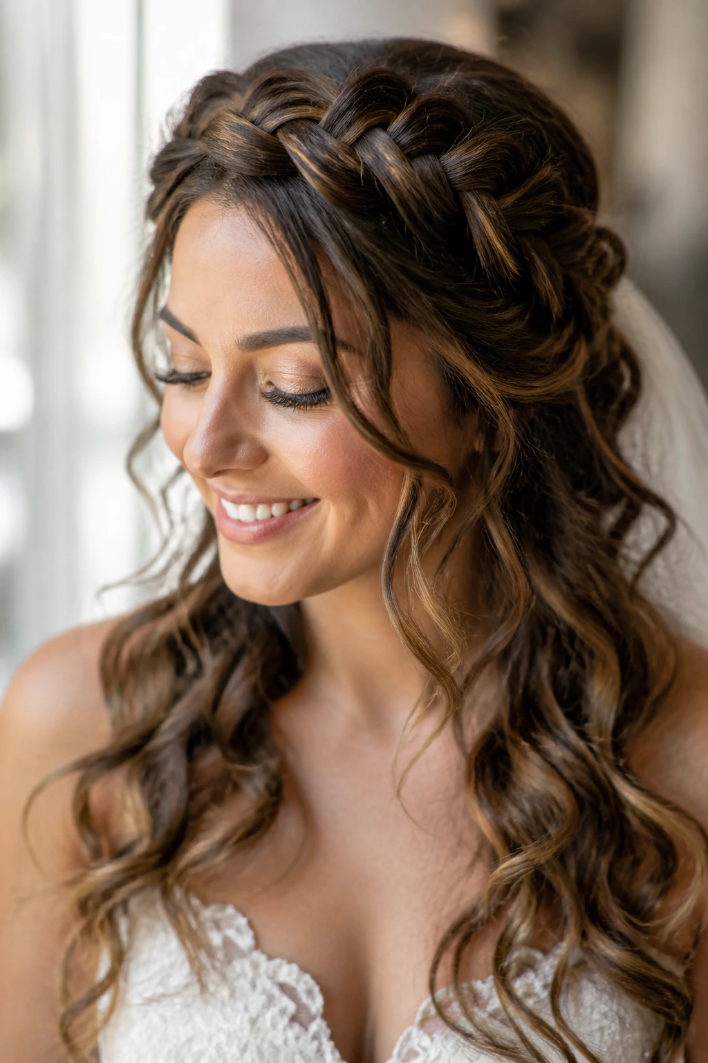 Close-up of a real bride with a boho crown braid and loose curls in soft natural light