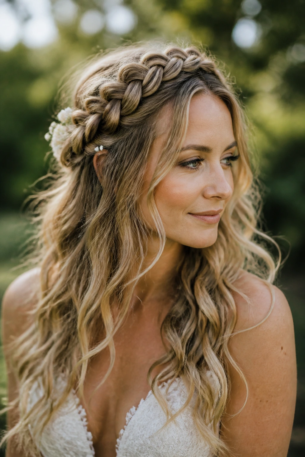 Close-up bride with boho crown braid and loose waves outdoors