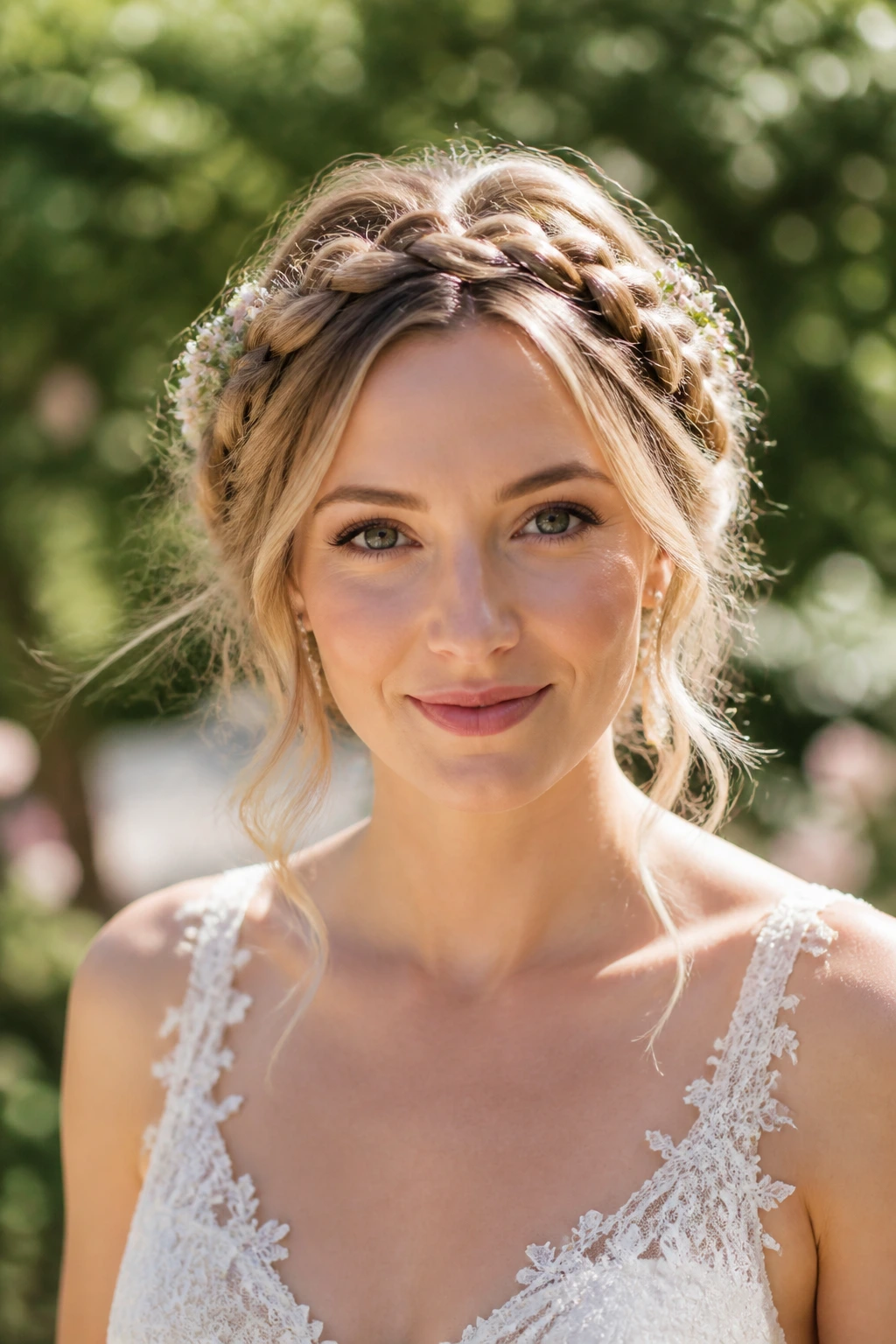 Close-up of loose boho crown braid on real bride outdoors