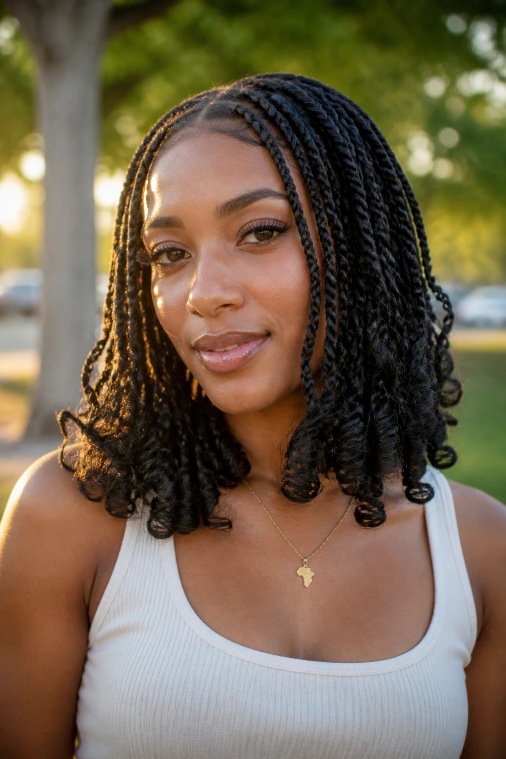Close-up of boho curled-end Senegalese twists on a real woman.