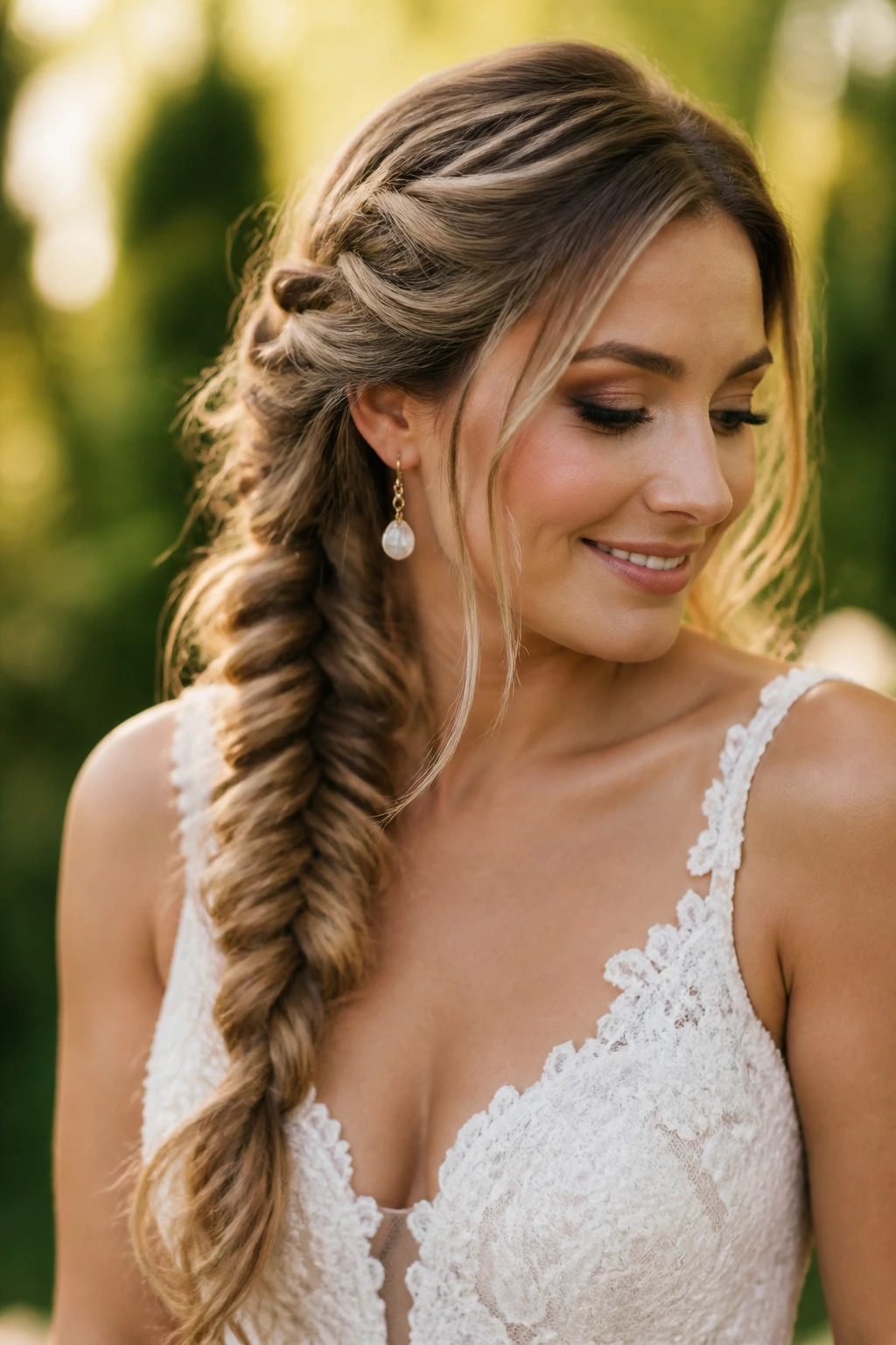 Bride with boho fishtail braid over one shoulder