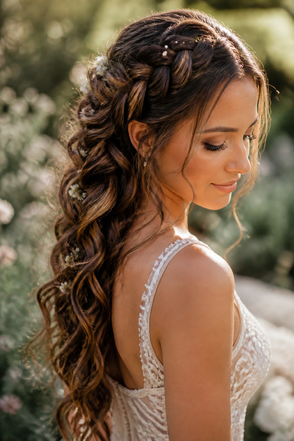 Bride with boho fishtail braid and curls portrait