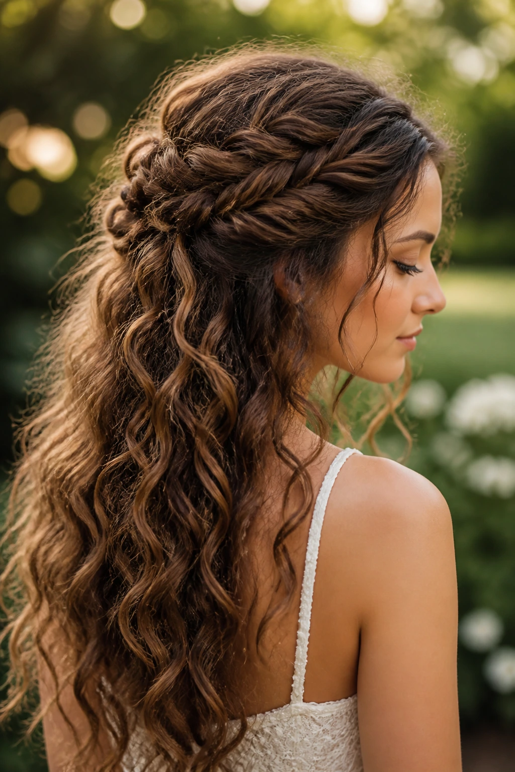 Close-up bride with a boho fishtail half-up hairstyle featuring crown braid and loose curls