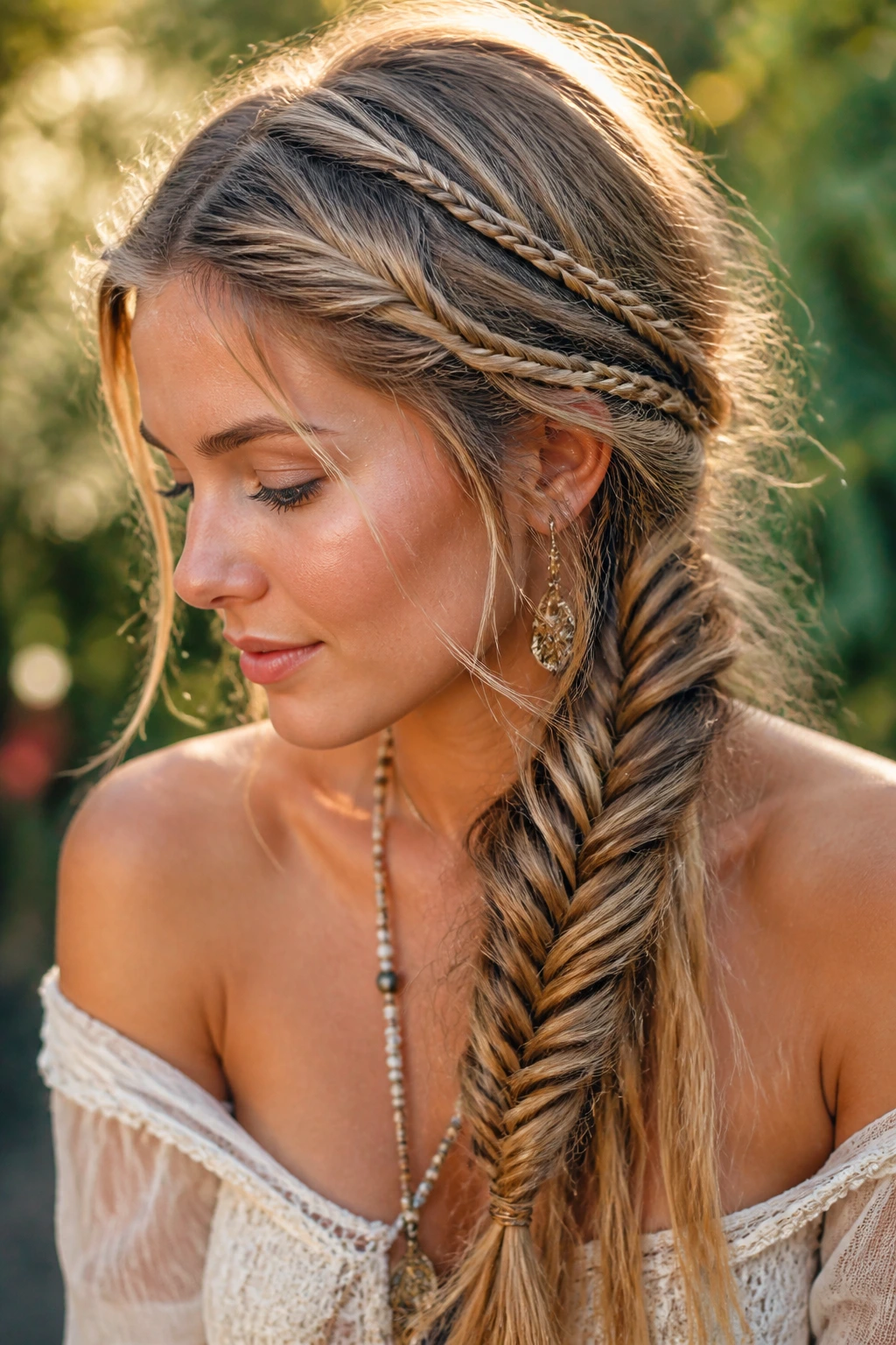 Close-up of a real woman with a boho fishtail with micro braids at the temples in outdoor light
