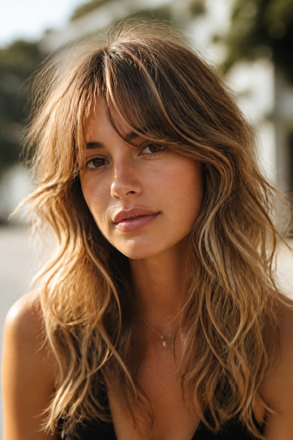 Portrait of a real person with grown-out boho fringe and airy ends