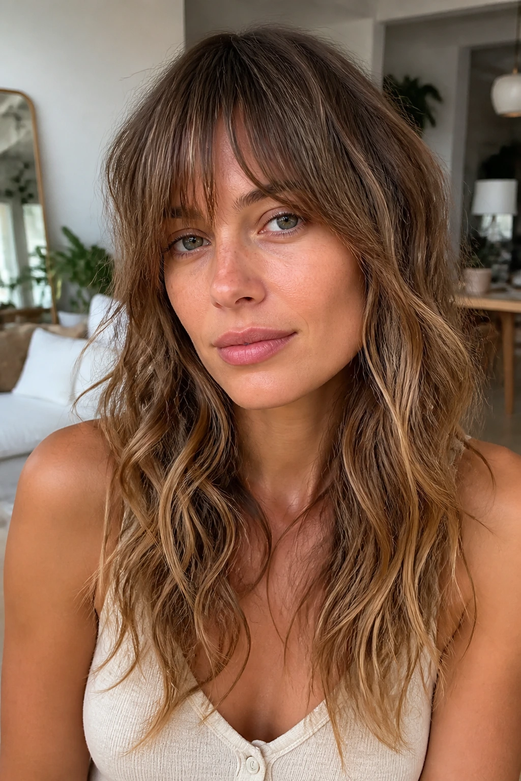 Close-up of a real woman with boho fringe on a long shag and loose waves.