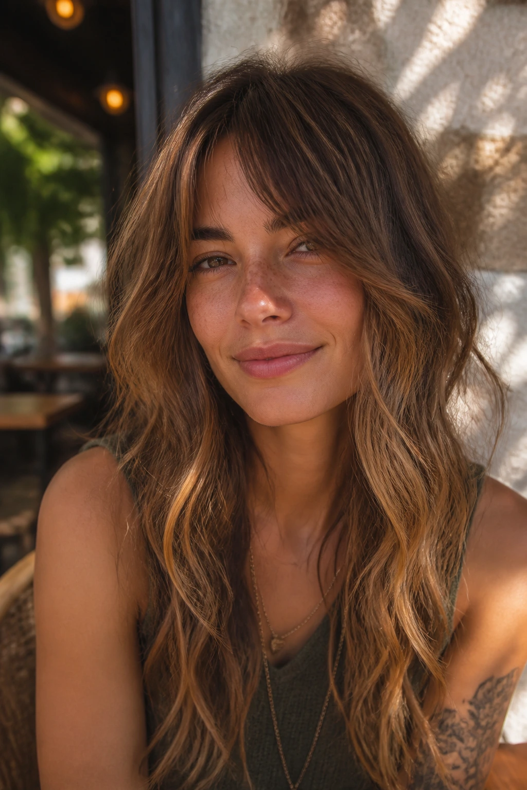 Real woman with soft split boho fringe blending into wavy hair