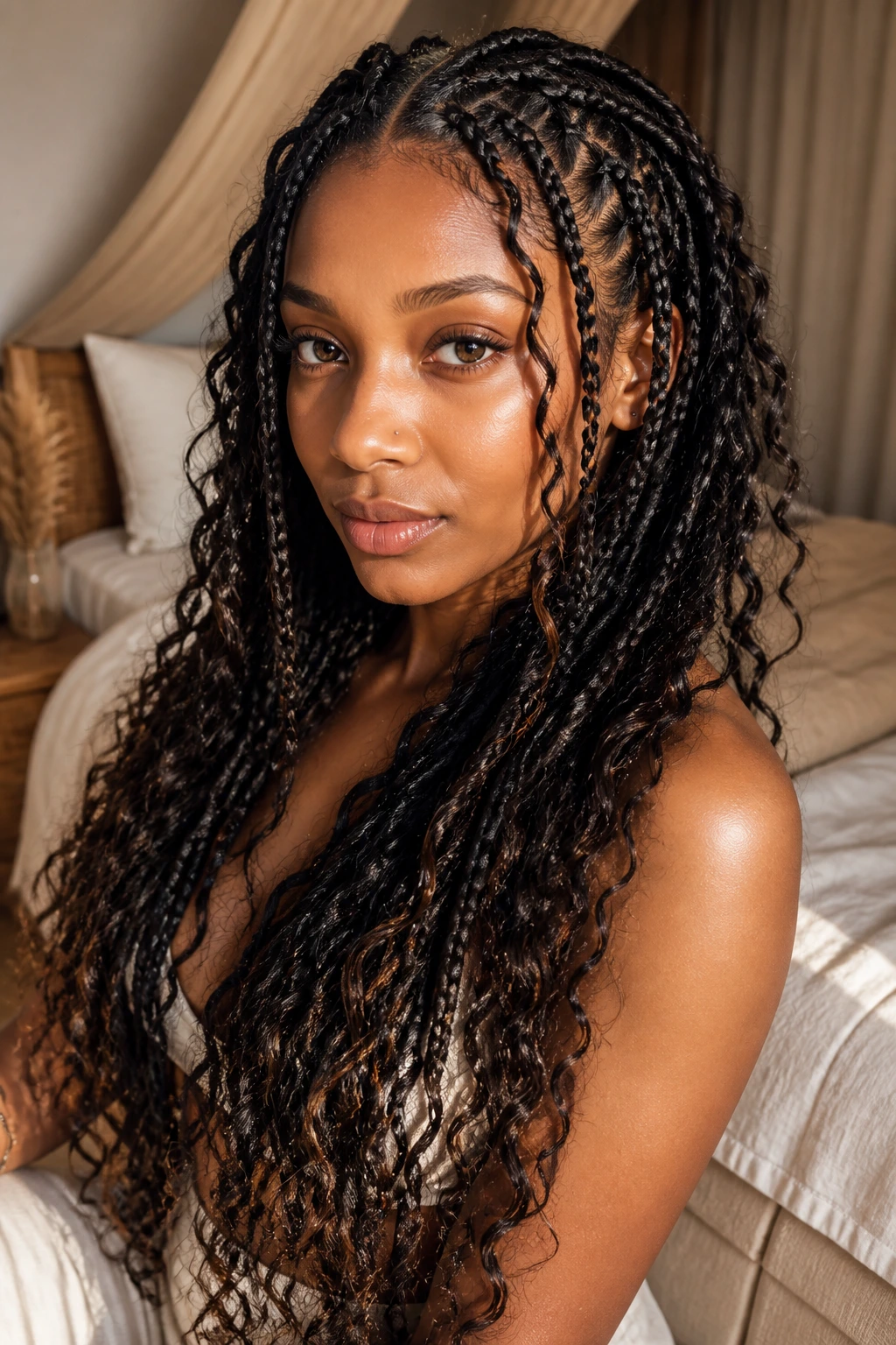 Close-up of real woman with boho goddess braids and loose curls in a sunlit bedroom