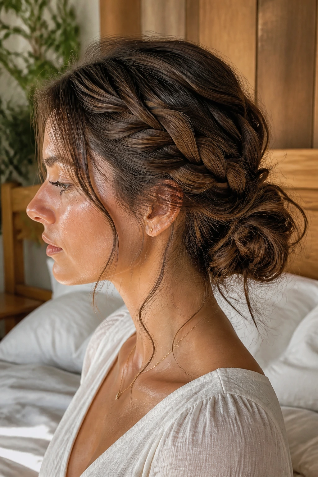 Close-up portrait of a real woman with a boho messy braided low bun featuring a side braid at the nape in warm natural light.